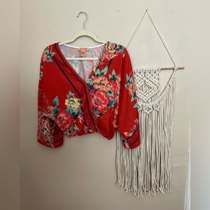 Flying Tomato Faux Wrap Kimono Crop Blouse